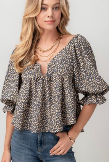 Floral Notched Neck Baby Doll Blouse