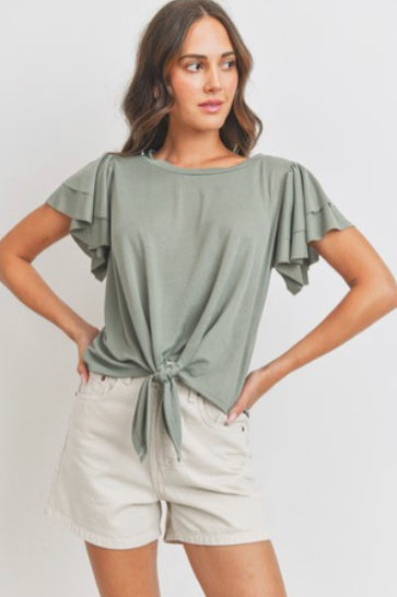 Ruffled Sleeve Front Tie Woven Top